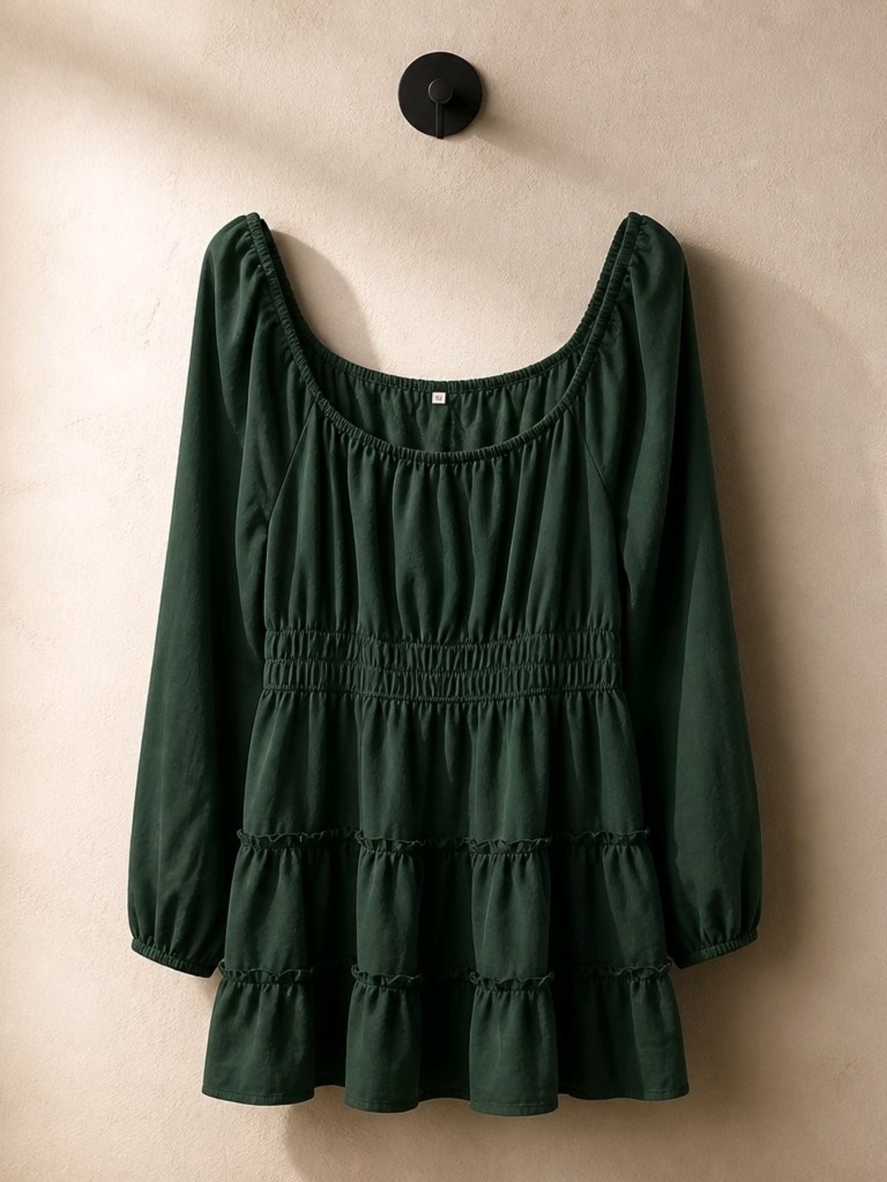 Dark Green Long Sleeve Tiered Peasant Dress
